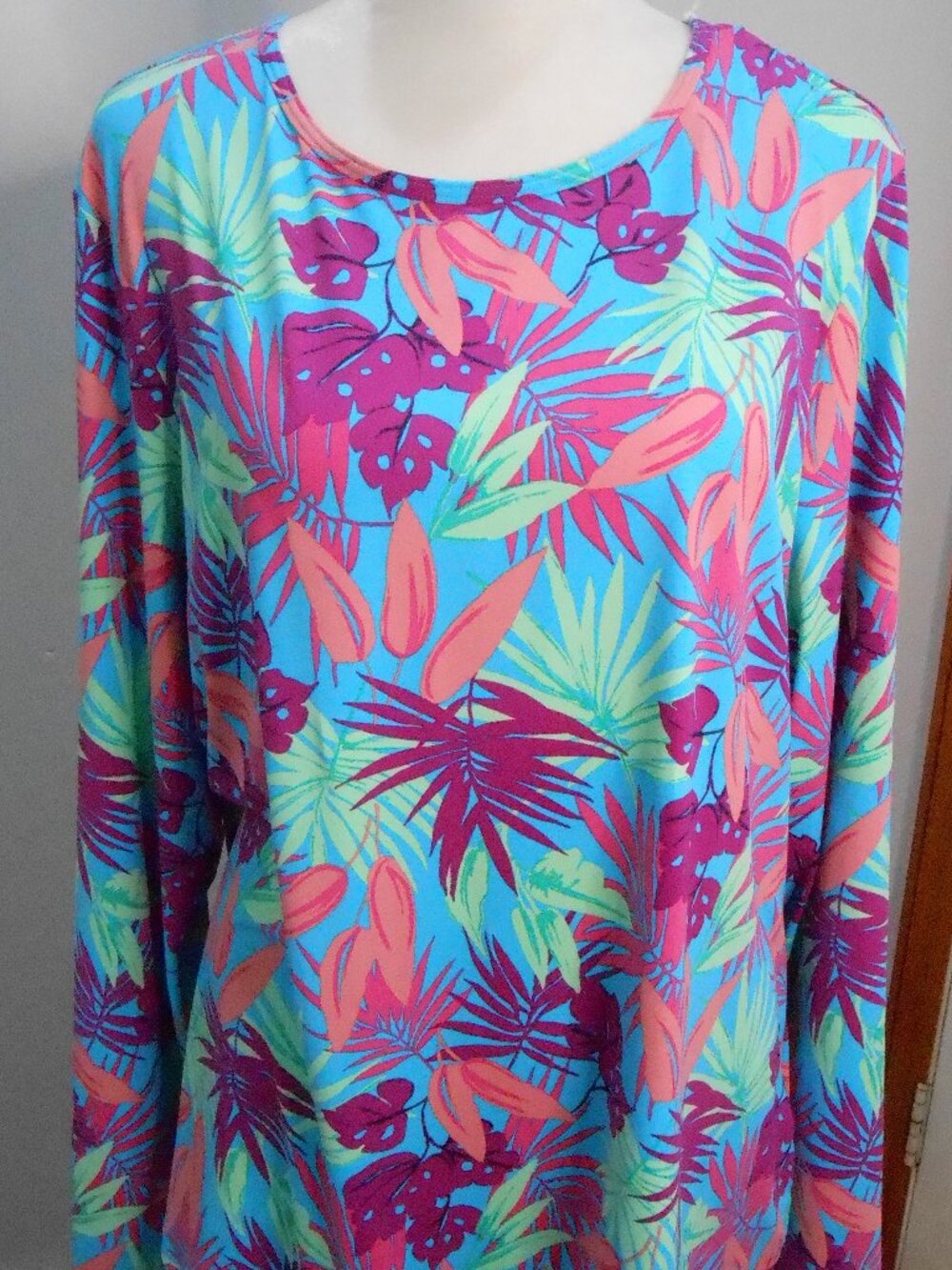 Lands End Women's Turquoise Tropical Palm Long Sleeve Swim Sun Top Size-XL-NWT